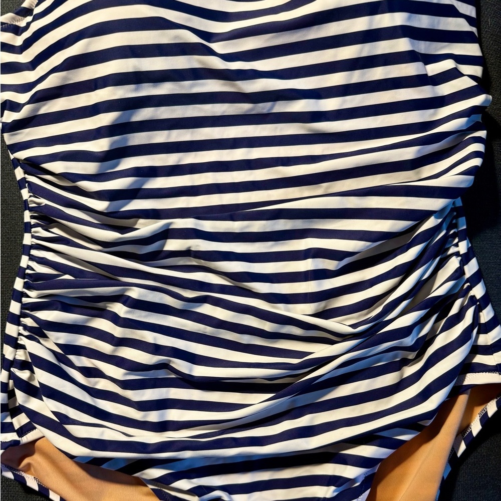 J. Crew One Shoulder Ruched One Piece Navy/White Stripes NWT size 16 - Picture 9 of 9